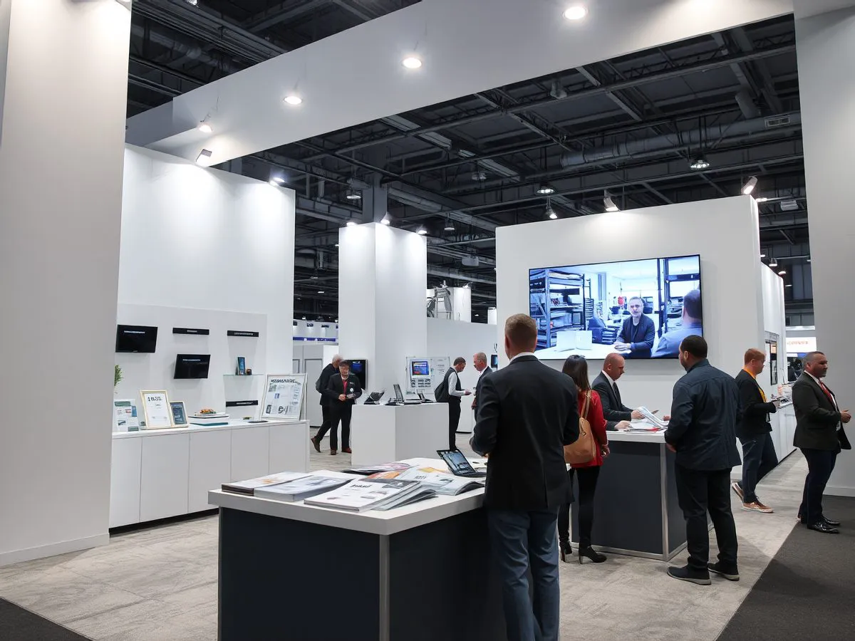 专业展台设计效果图,展示产品陈列与洽谈区布局
